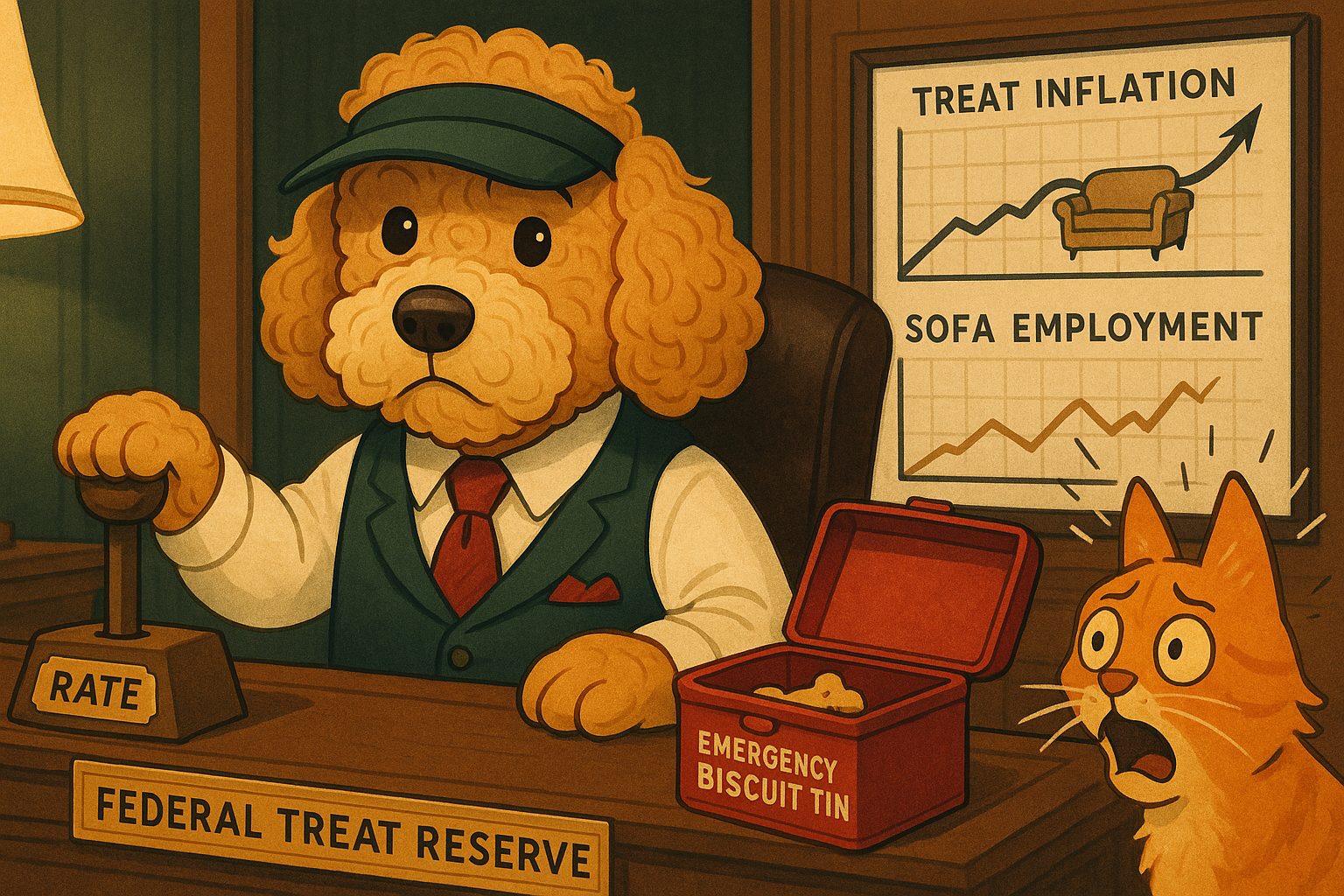 Monty Doodle, a cartoon goldendoodle in a green visor and waistcoat, seated at the Federal Treat Reserve desk with one paw on the RATE lever beside an open emergency biscuit tin, while an alarmed orange cat looks on.