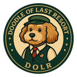 Doodle of Last Resort coin logo: Monty the goldendoodle in a green visor and red tie on an evergreen coin ring reading DOODLE OF LAST RESORT, DOLR.